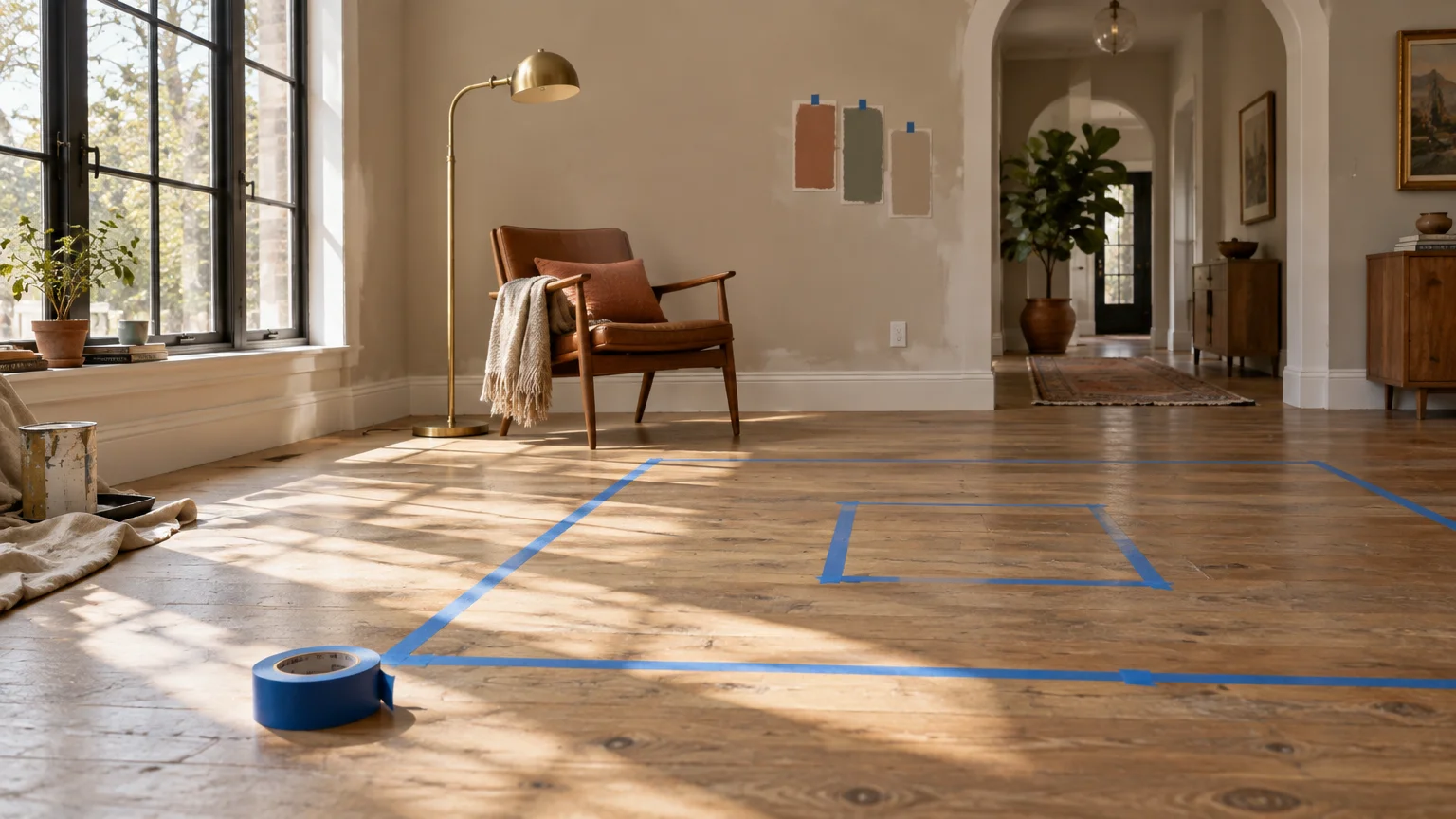 Blue painter's tape outlines furniture footprints on hardwood floors in a room undergoing interior design planning.