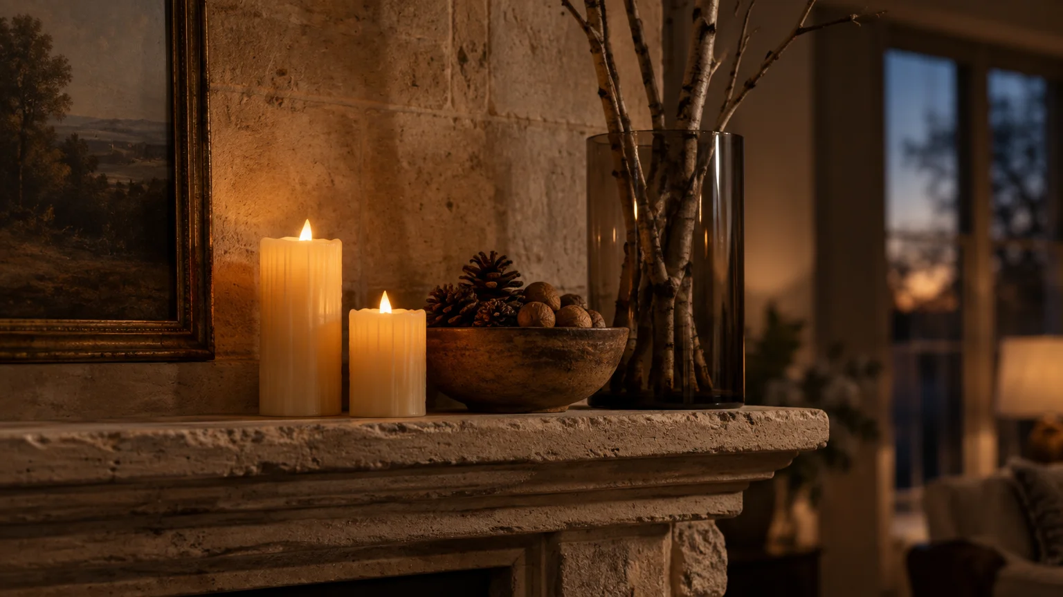 Two glowing pillar candles, a rustic bowl filled with pinecones, and birch branches arranged on a stone fireplace mantel.