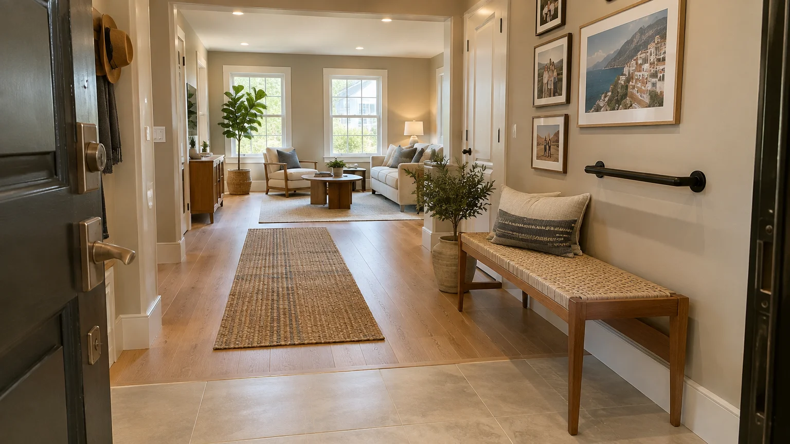 Home entryway with a bench, wall grab bar, woven runner, and doorway opening into a sunlit living room.