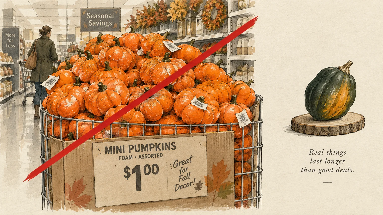 Illustration contrasting a wire bin of cheap foam mini pumpkins marked with a red slash against a real acorn squash.
