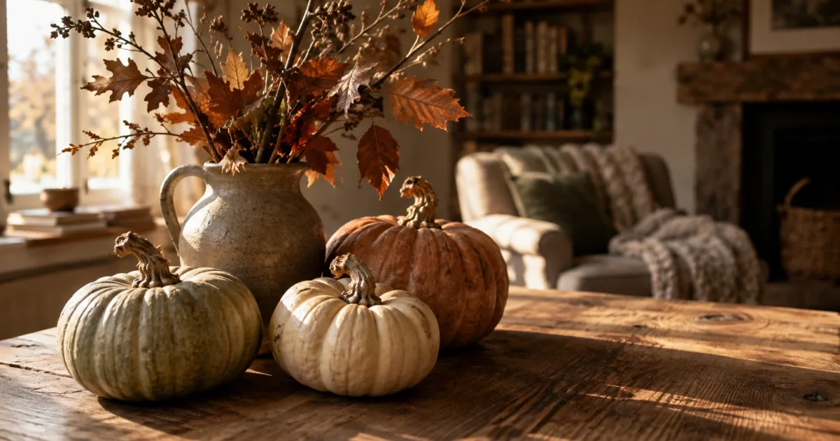 Ceramic jug filled with dried autumn leaves resting on a rustic wooden table beside three assorted pumpkins.