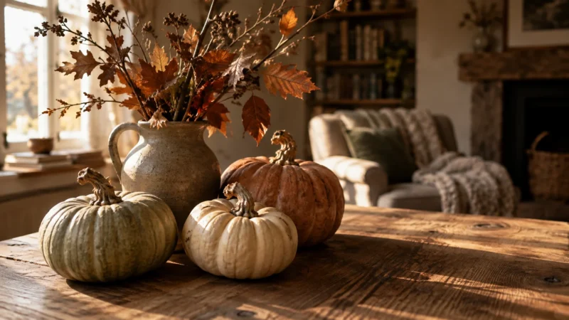 Ceramic jug filled with dried autumn leaves resting on a rustic wooden table beside three assorted pumpkins.