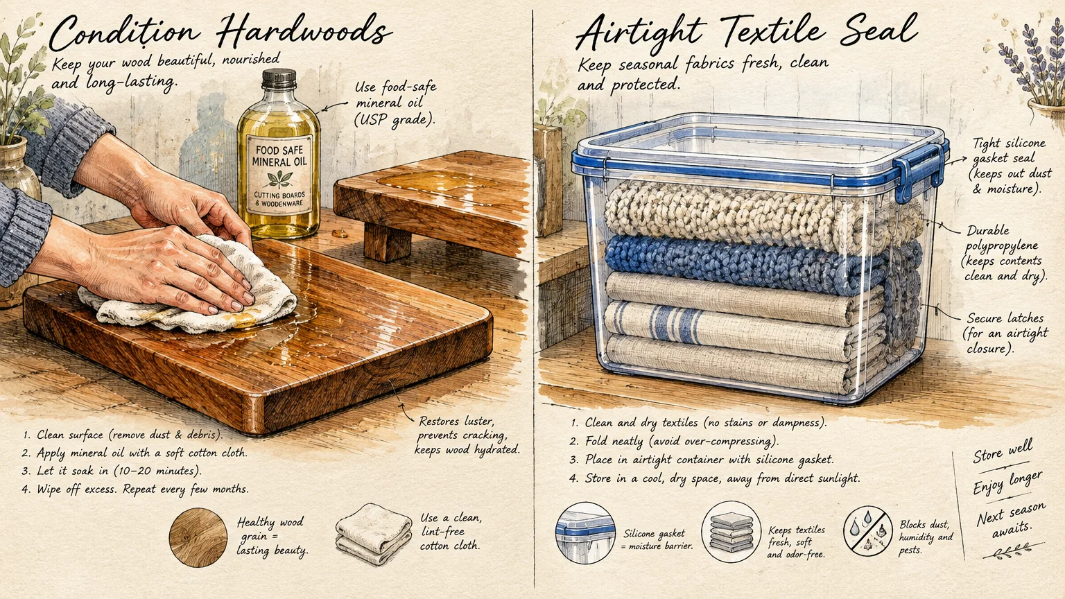 Illustrated guide showing hands oiling a wooden board with mineral oil, alongside folded textiles in a clear airtight bin.