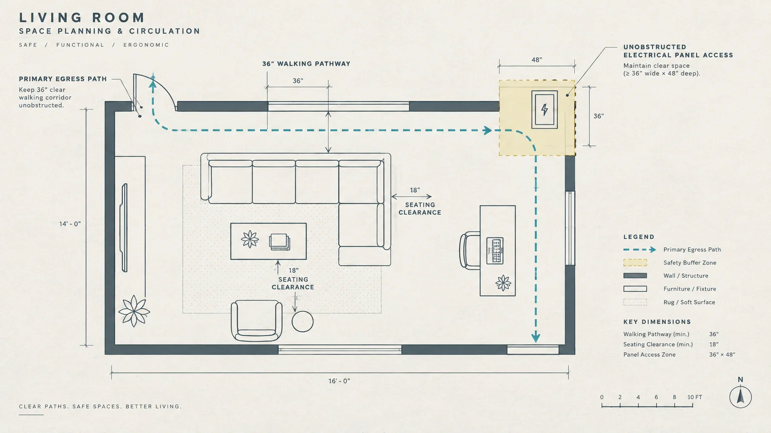 Floor plan diagram of a living room showing walking pathways, furniture clearances, and an electrical panel safety buffer.