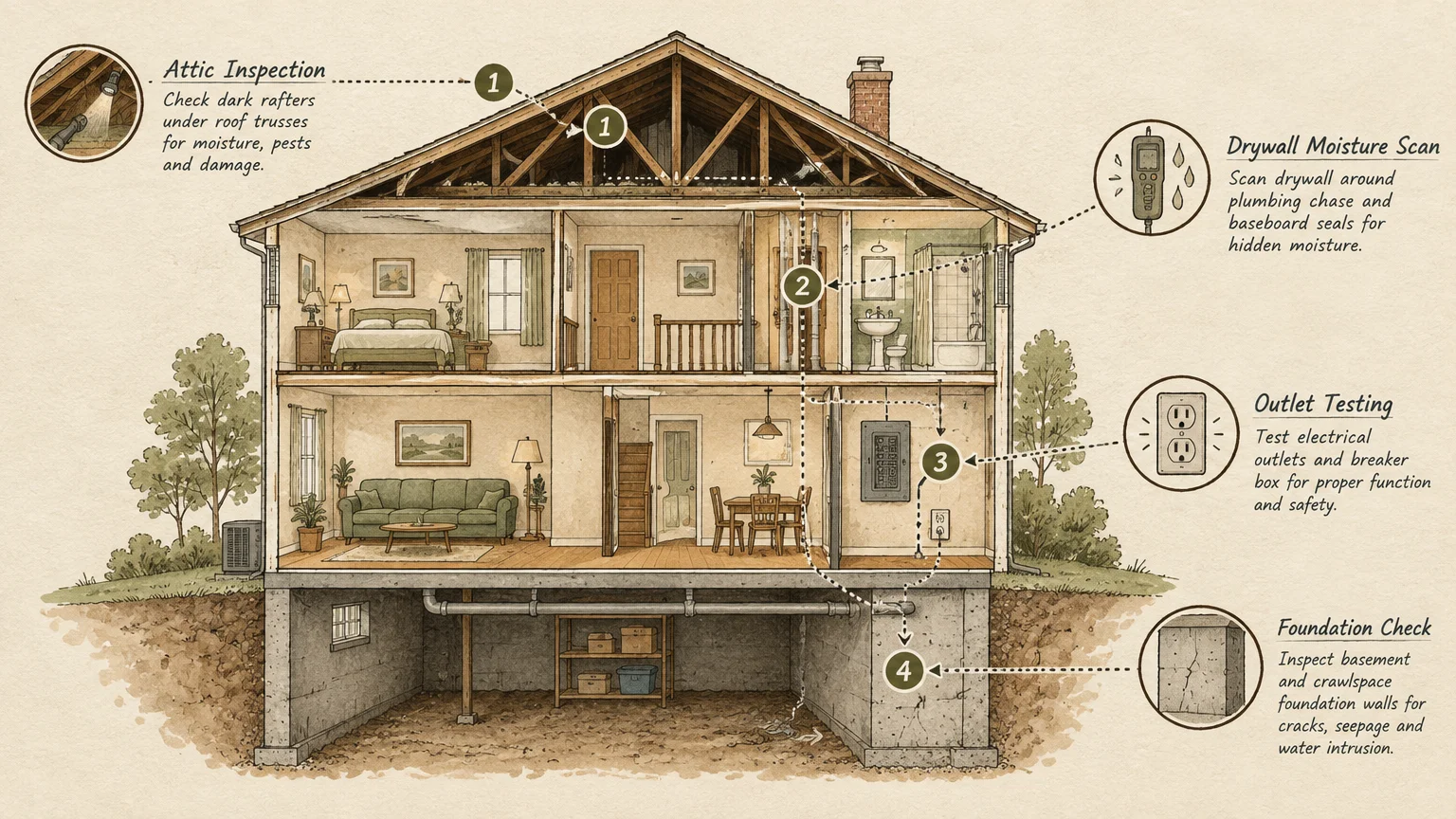 Cross-section diagram of a house showing four numbered inspection points: attic, plumbing wall, electrical outlets, and foundation.