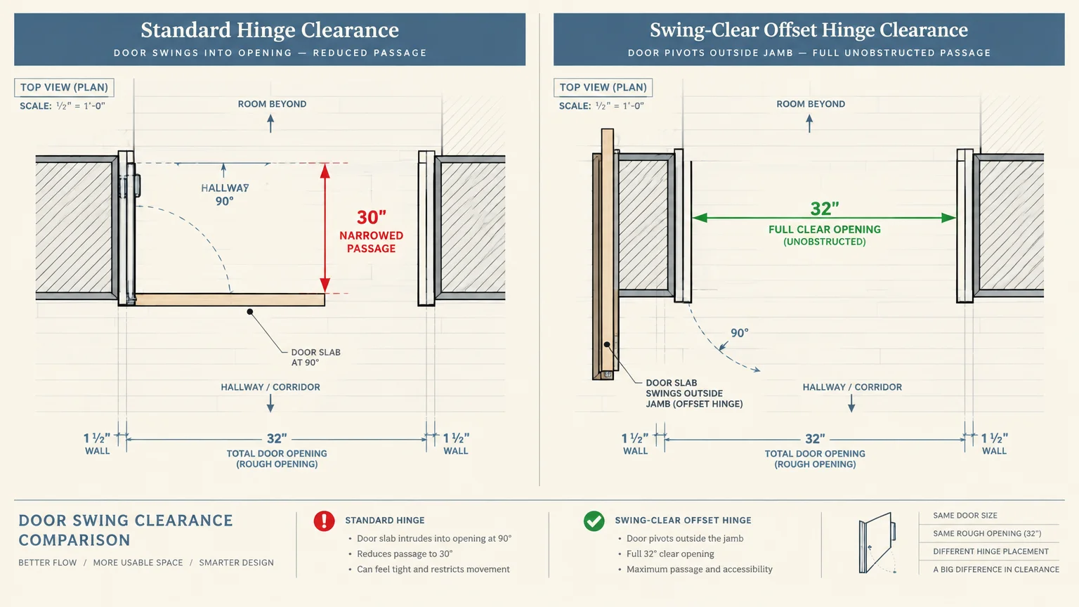 Diagram comparing door clearance between a standard hinge leaving a 30-inch opening and a swing-clear offset hinge with 32 inches.