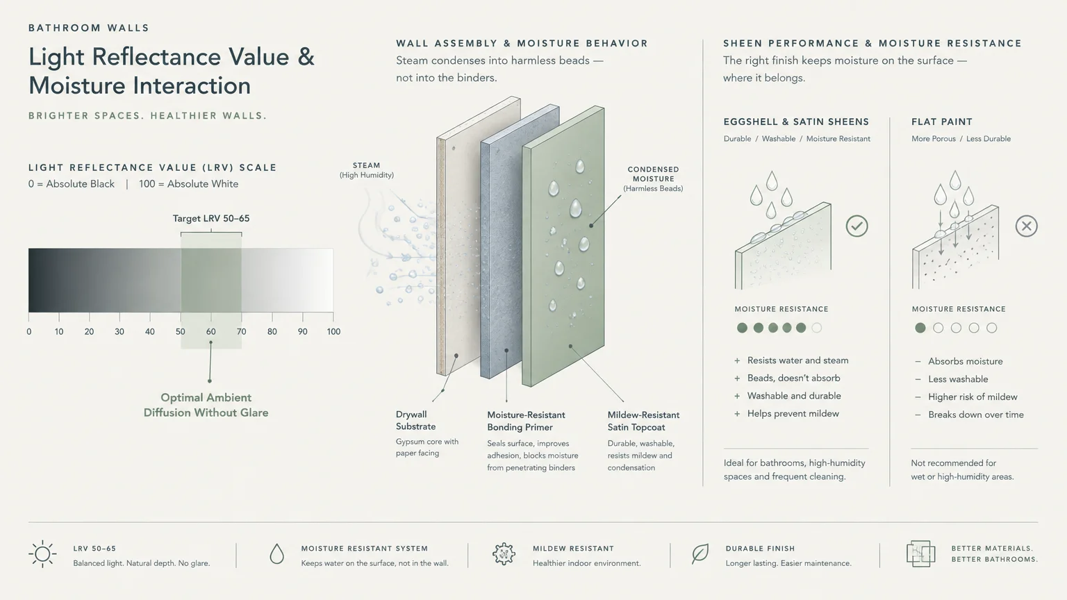 Diagram of bathroom wall paint layers, moisture resistance comparison, and an LRV scale from zero to one hundred.