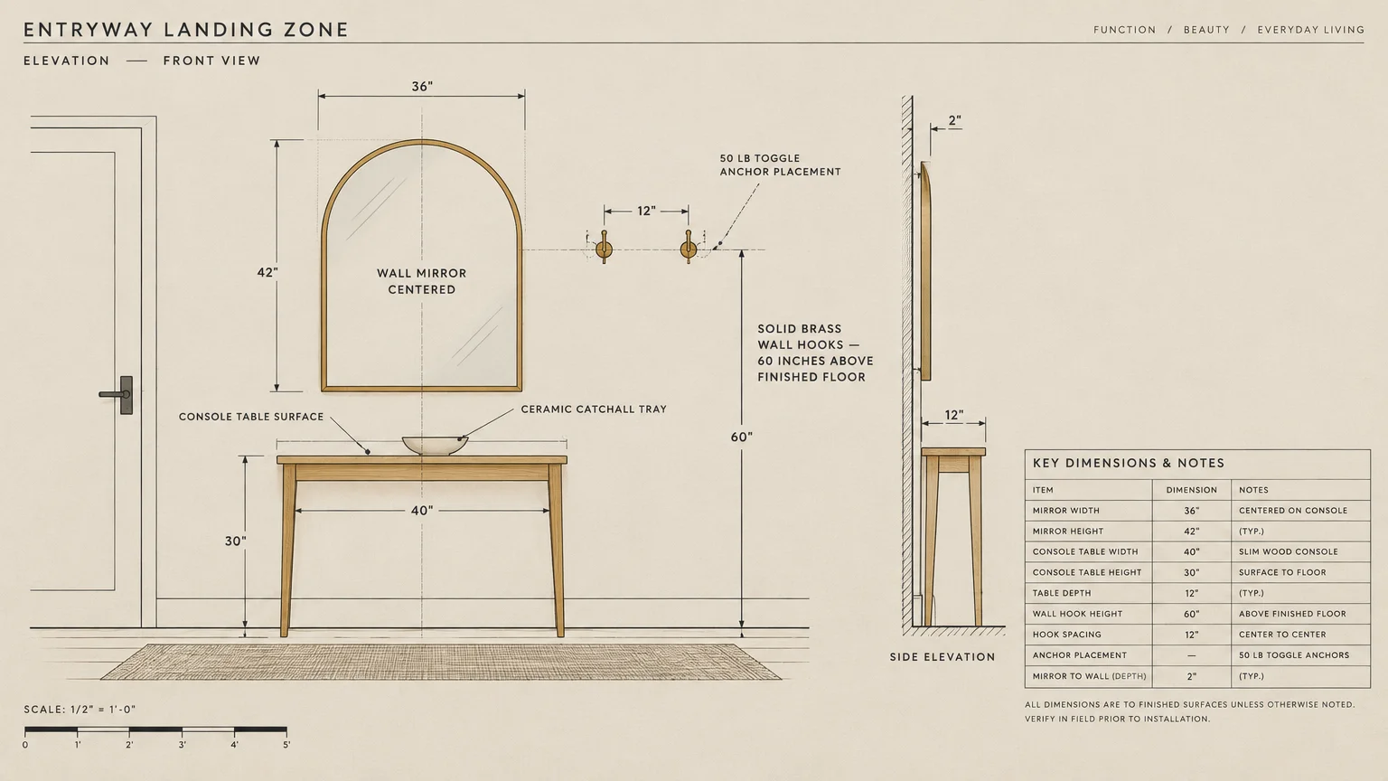 Architectural elevation diagram of an entryway landing zone with dimensions for an arched mirror, console table, and hooks.