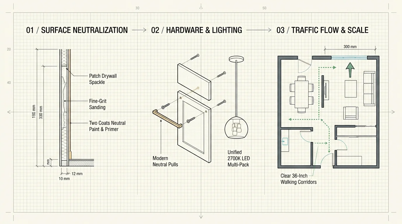 Three-step diagram showing wall surface neutralization, cabinet hardware and lighting assembly, and a staged floor plan.