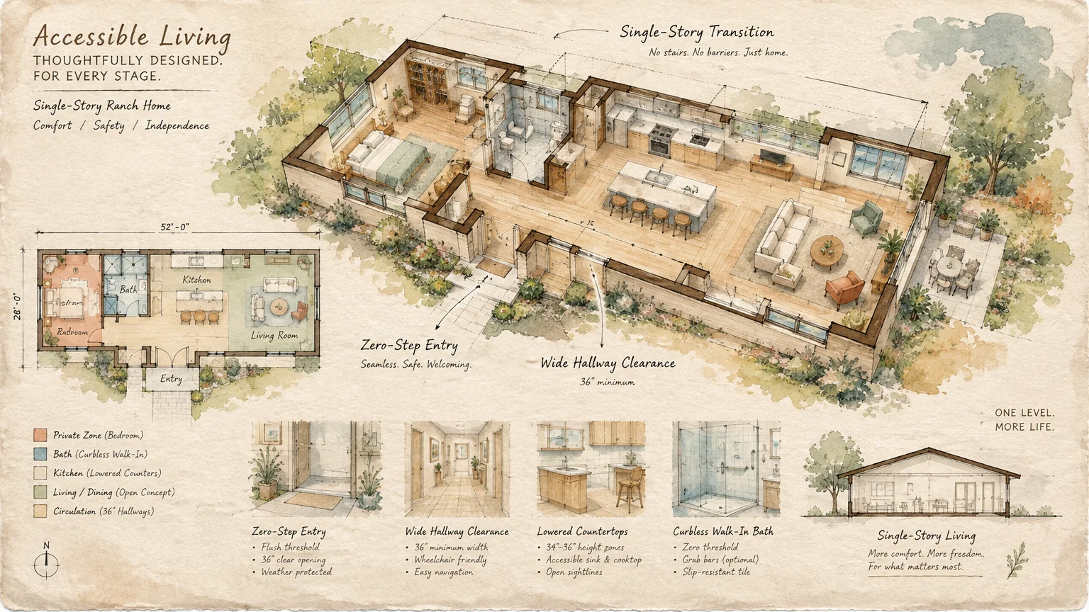 Architectural cutaway illustration and floor plan of an accessible single-story ranch home.