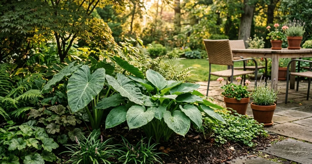 Lush garden bed with large leafy plants beside a stone patio with outdoor dining furniture and potted flowers.