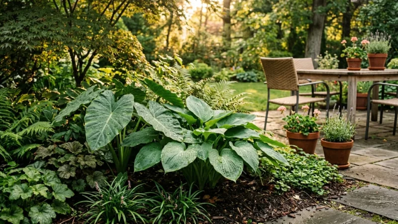 Lush garden bed with large leafy plants beside a stone patio with outdoor dining furniture and potted flowers.