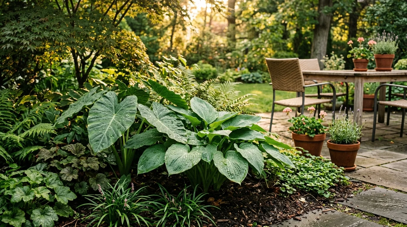 Lush garden bed with large leafy plants beside a stone patio with outdoor dining furniture and potted flowers.