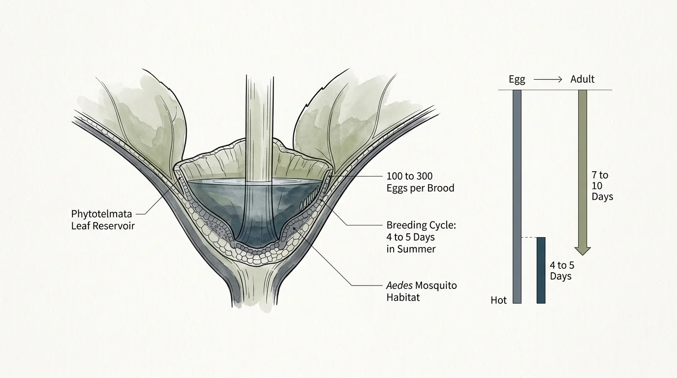 Diagram of a leaf reservoir holding water, with labels showing mosquito egg development timelines under hot weather.