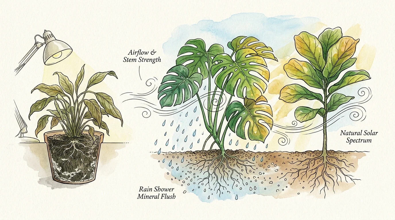 Botanical illustration contrasting a potted houseplant under a lamp with outdoor plants exposed to rain, wind, and sunlight.