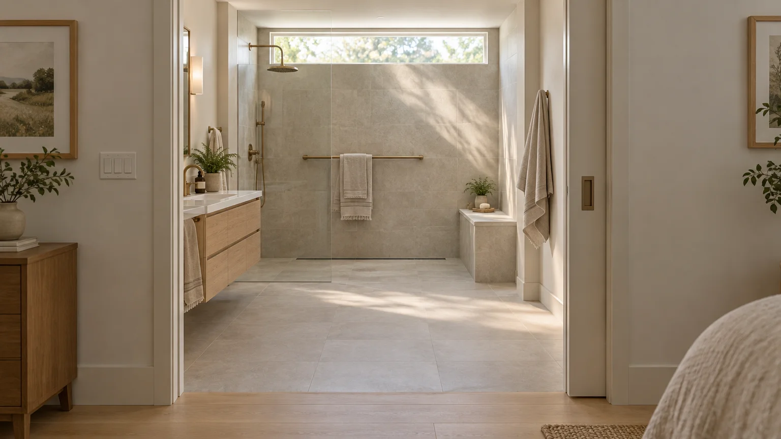 View through a wide doorway into a spacious bathroom with a curbless walk-in shower, tiled walls, and light wood vanity.