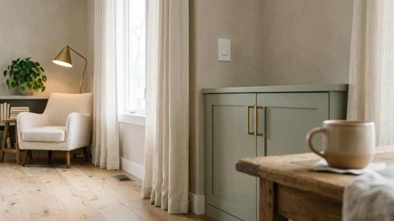 Sage green built-in cabinet with brass handles beside linen curtains, with an armchair and floor lamp in the background.