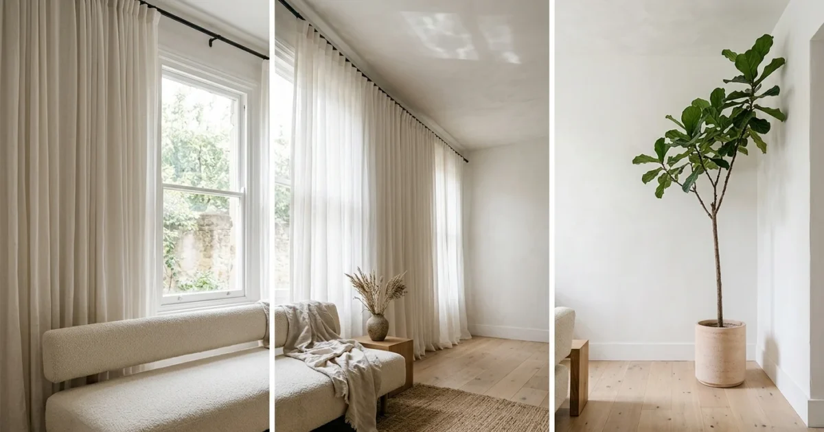 Triptych of a bright living room with floor-to-ceiling white curtains, light wood floors, a sofa, and a potted tree.