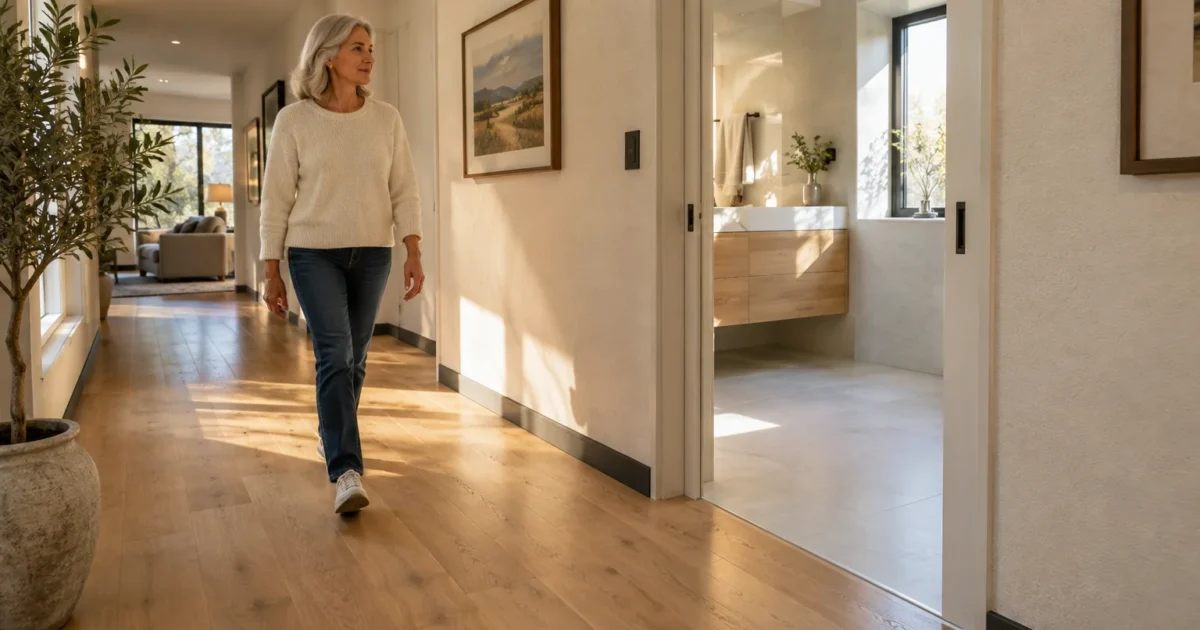 A senior woman walks down a sunlit hallway with wood floors past an open sliding bathroom door.