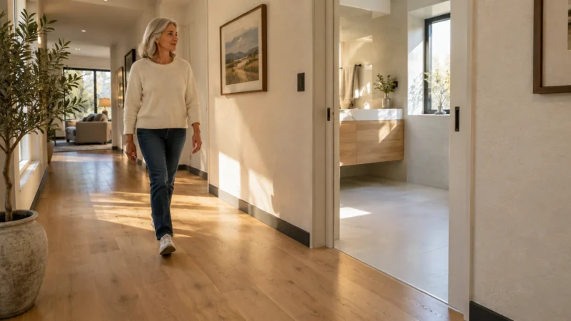 A senior woman walks down a sunlit hallway with wood floors past an open sliding bathroom door.