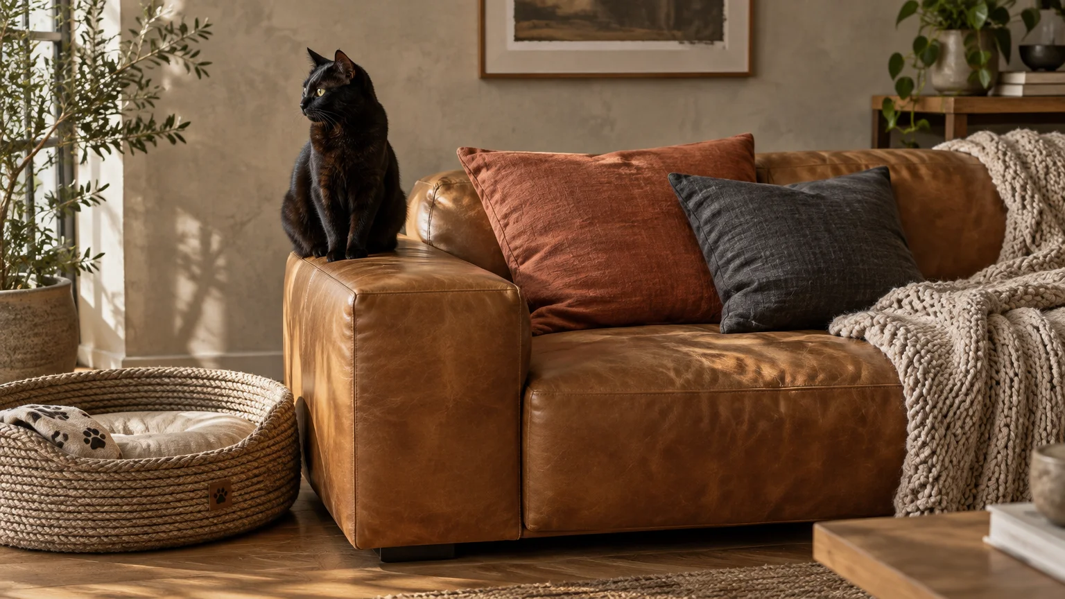 A black cat sits on the wide arm of a brown leather sofa next to a braided pet bed in a stylish living room.