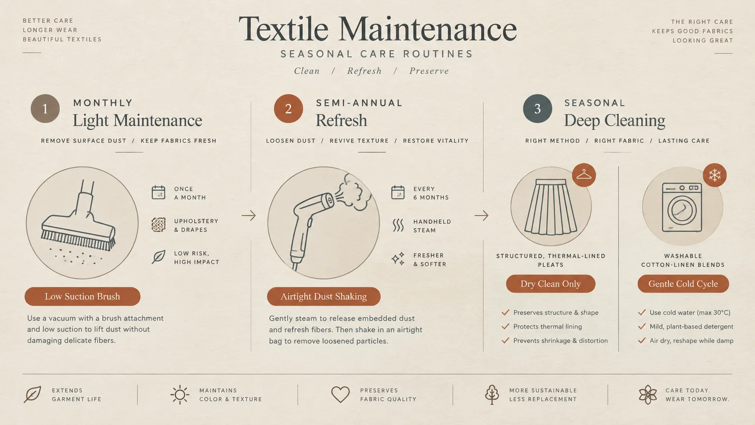 Infographic detailing textile maintenance steps: monthly vacuuming, semi-annual steaming, and seasonal deep cleaning.