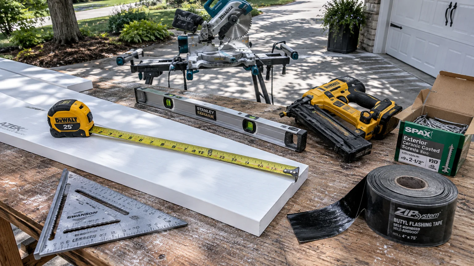 Tape measure, level, cordless nail gun, screws, speed square, and flashing tape set on a wooden work table near a miter saw.