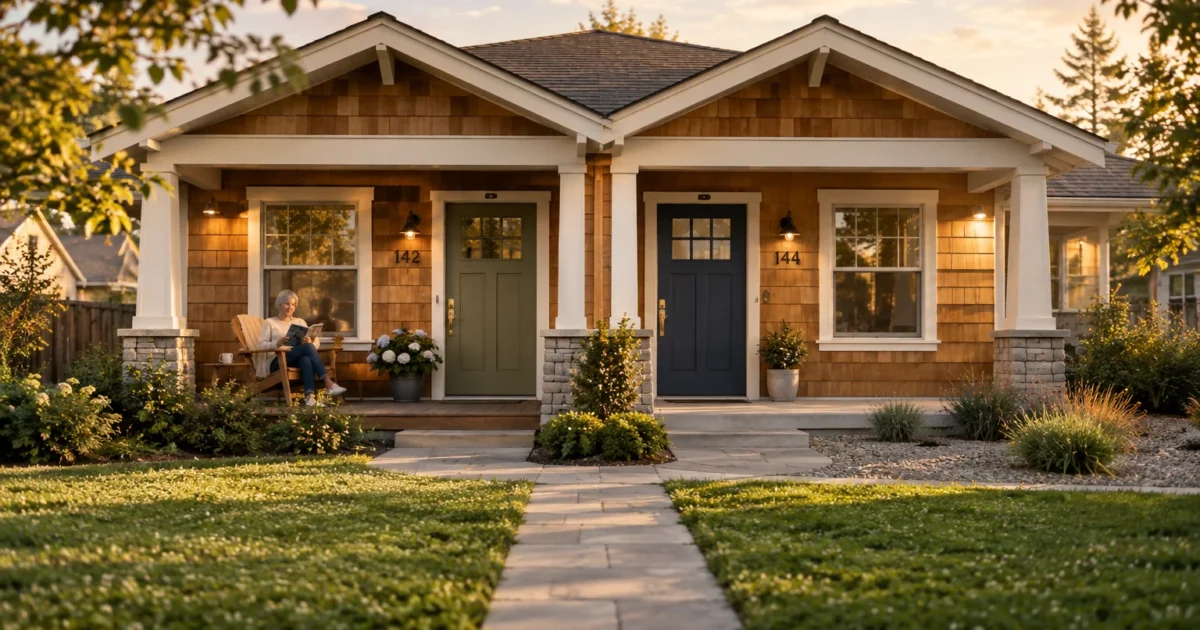Craftsman-style duplex with wood siding, green and blue front doors, and an older woman reading on the porch.