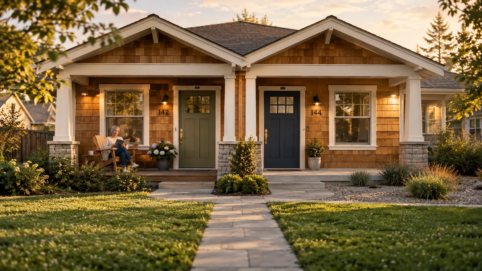 Craftsman-style duplex with wood siding, green and blue front doors, and an older woman reading on the porch.