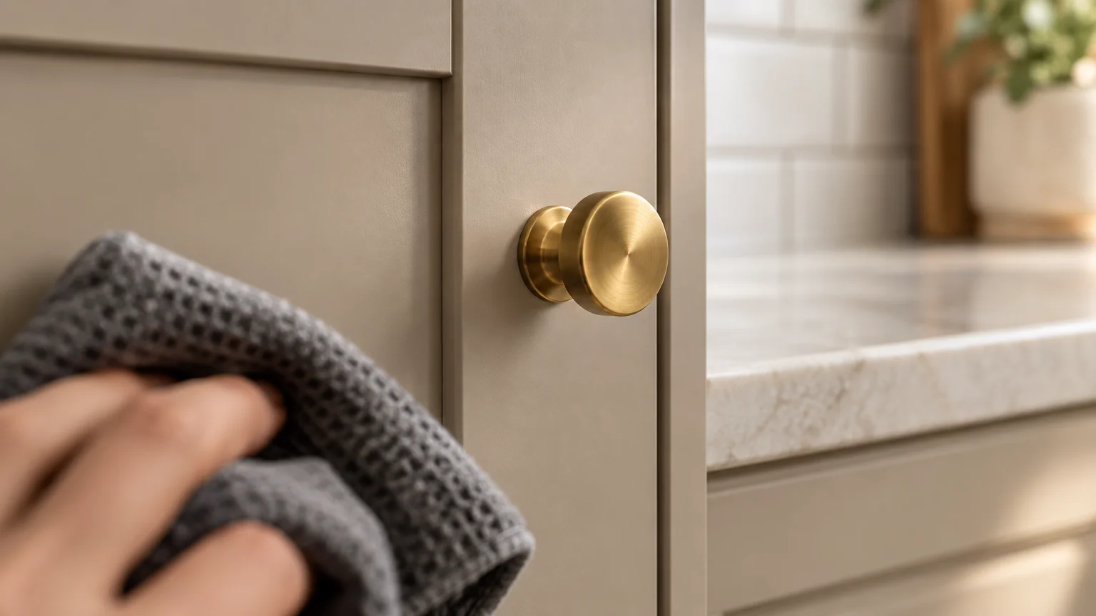 A hand wipes a beige kitchen cabinet door beside a round brass knob using a textured grey cloth.