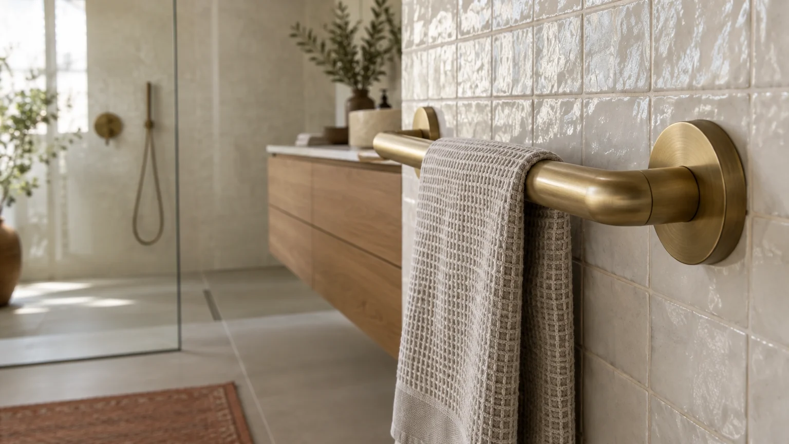 Brushed brass grab bar holding a waffle-weave towel on a tiled bathroom wall beside a floating vanity.