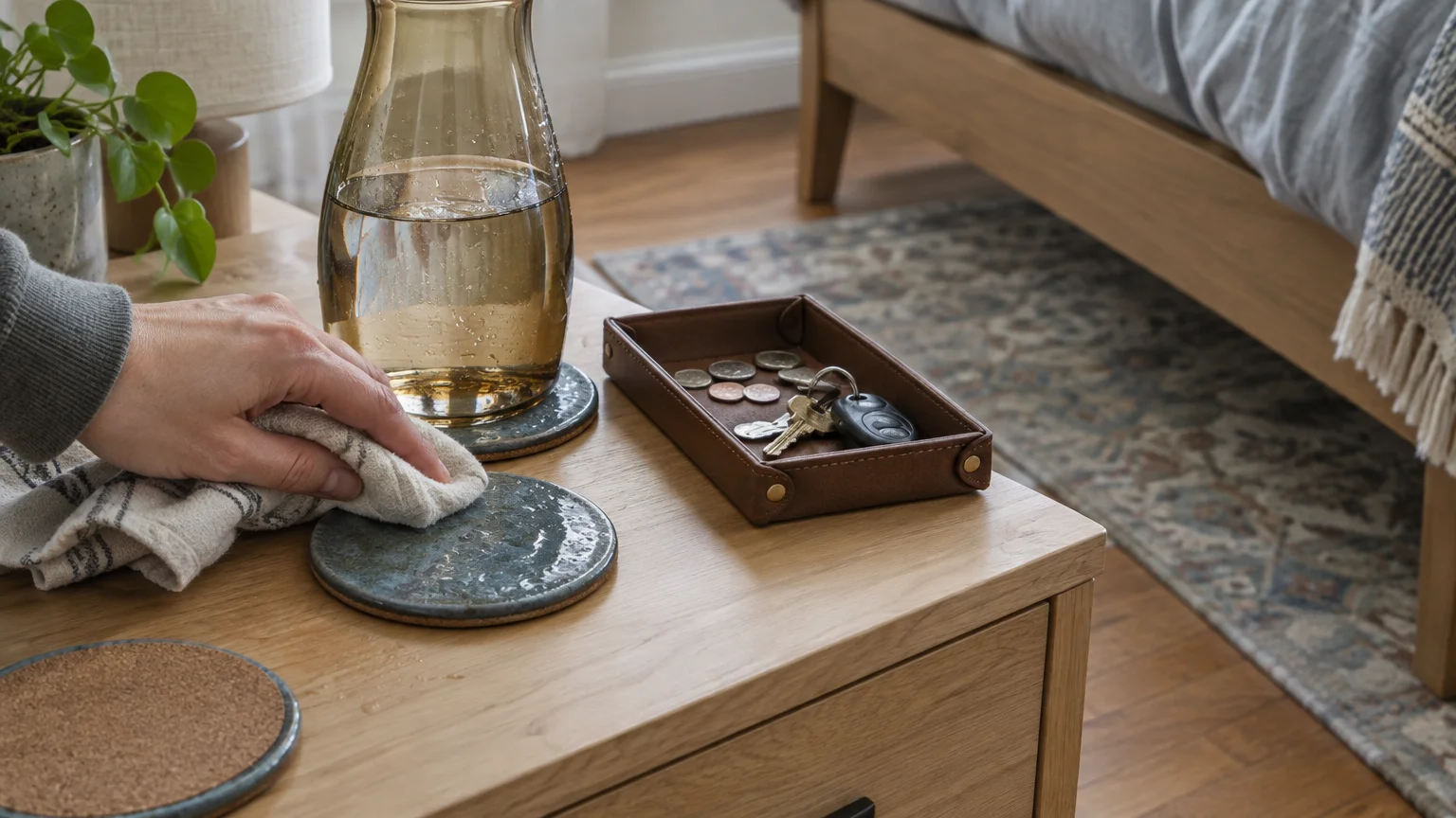 A hand wiping a wet ceramic coaster on a wooden nightstand beside a glass water carafe and small valet tray.