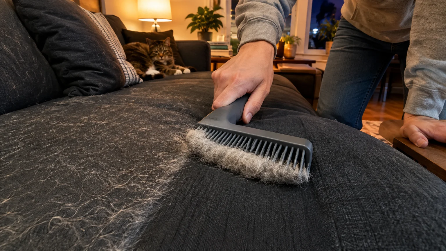 A person scrapes a large clump of pet hair off a dark couch cushion using a gray rubber-bristled brush.