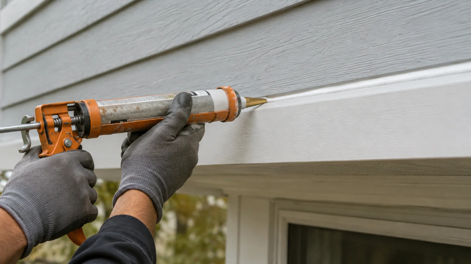 Gloved hands using an orange caulking gun to apply white sealant along the seam above exterior window trim.
