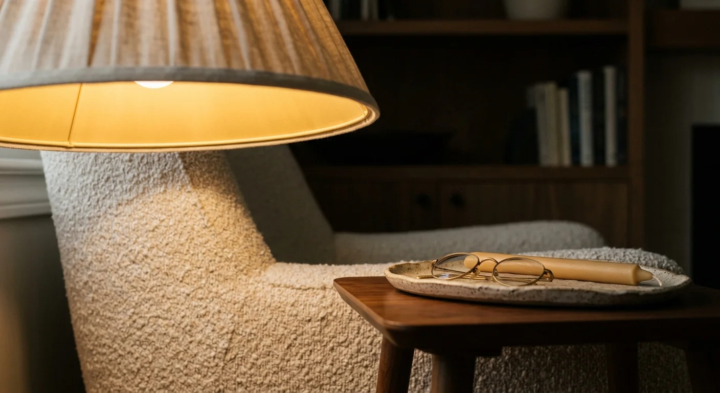 A pleated fabric floor lamp casts a warm glow over a textured armchair and a side table with glasses and a candle.