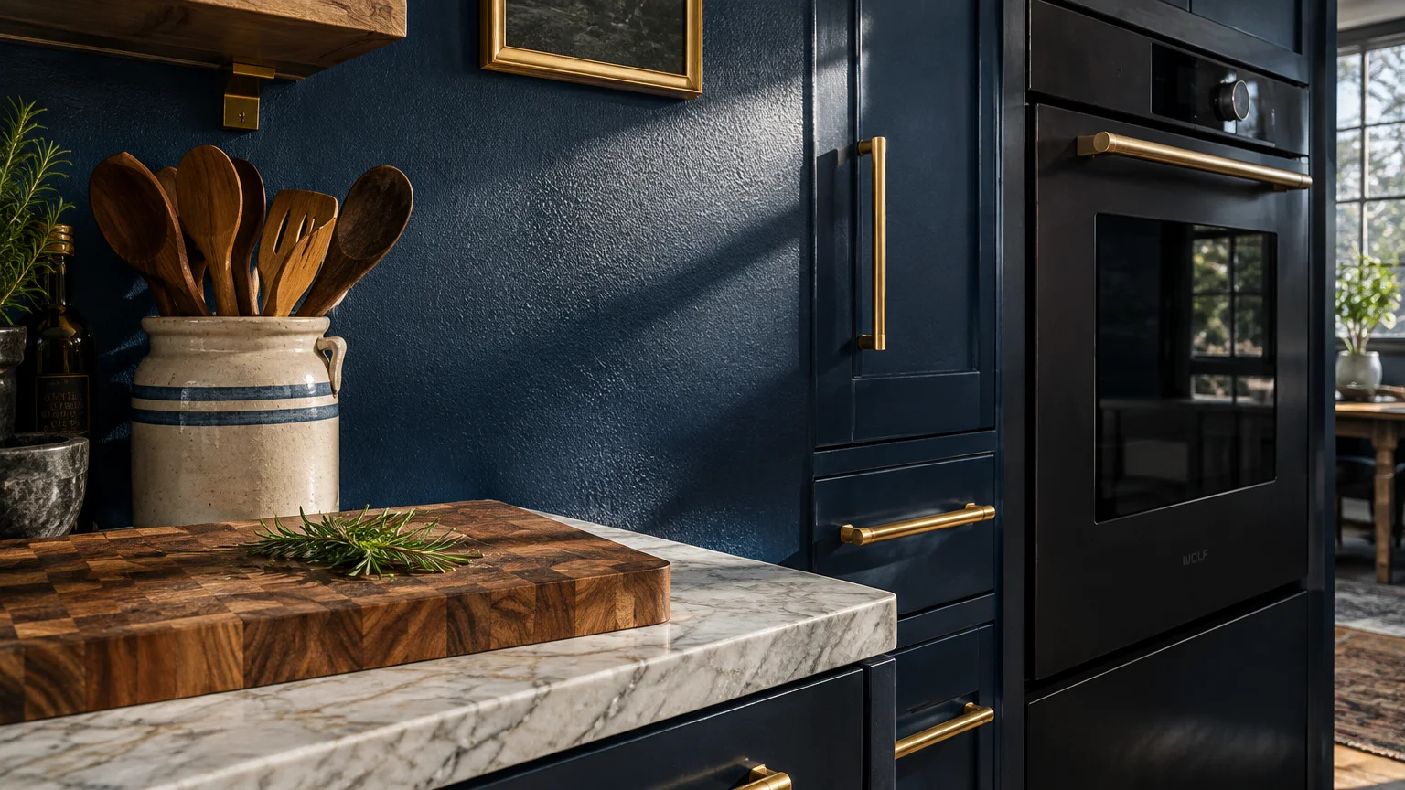 Dark blue kitchen cabinets and wall with brass handles, a built-in black oven, marble counter, and wooden cutting board.