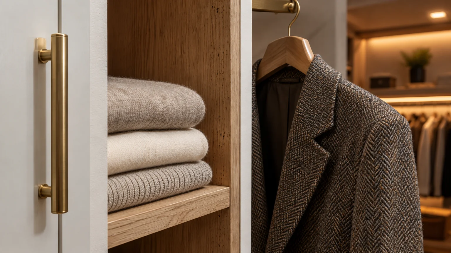 Folded sweaters stacked on a wooden shelf next to a brass cabinet handle and a tweed coat on a hanger.