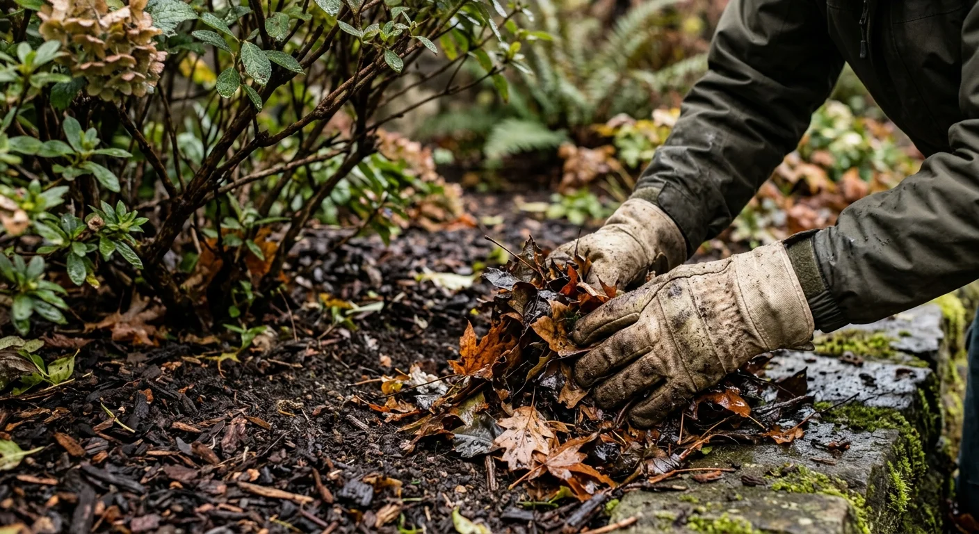 Gloved hands clearing wet fallen autumn leaves from a mulched garden bed beside a stone retaining wall.