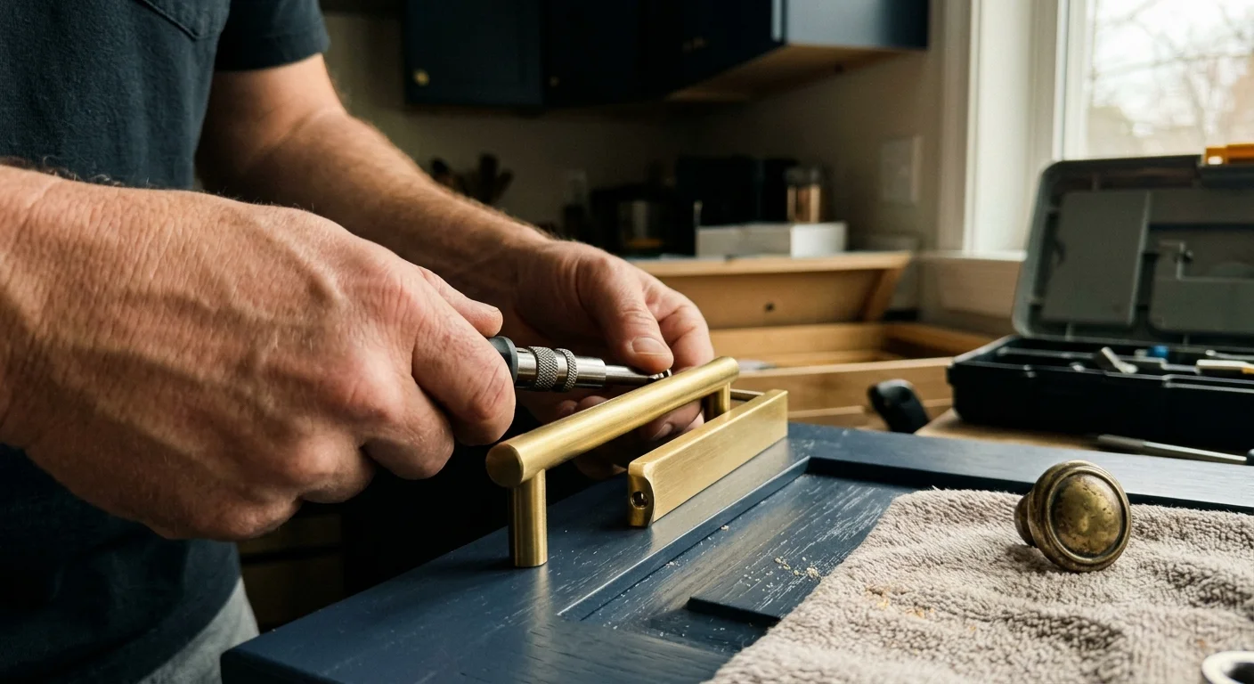 Person using a screwdriver to install a brass handle onto a dark blue cabinet door on a workbench.