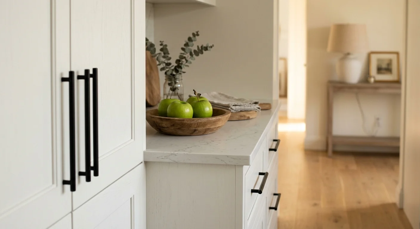 White kitchen cabinets with black handles, quartz countertop, and a wooden bowl of green apples.
