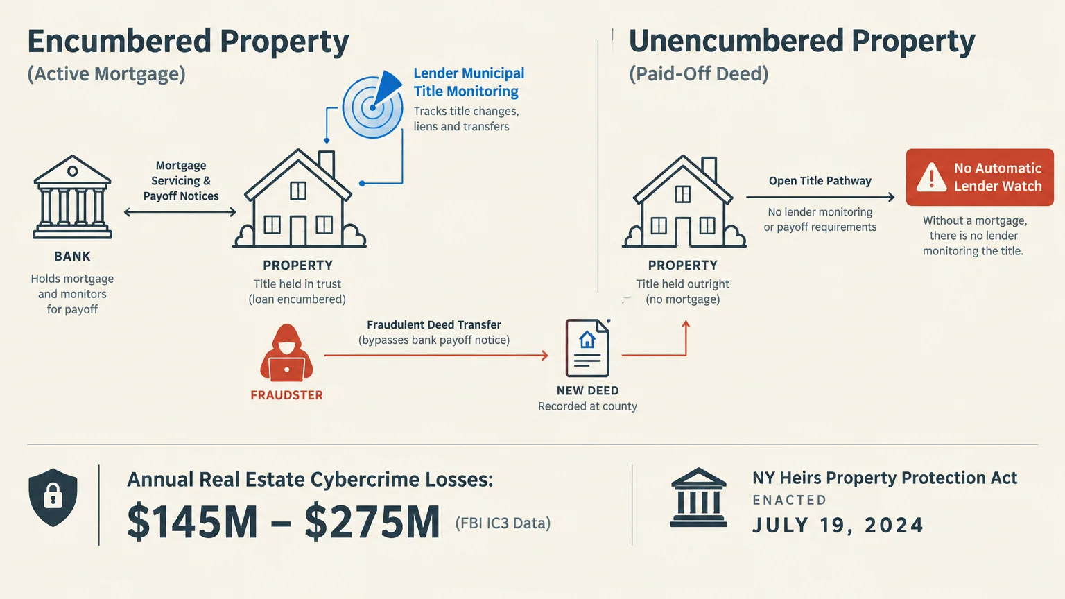 Diagram comparing encumbered property monitored by a bank to unencumbered property vulnerable to fraudulent deed transfers.