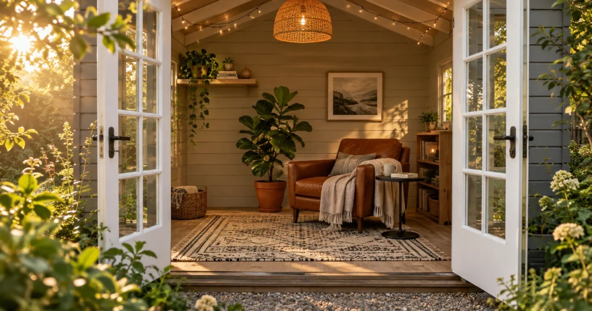 Open French doors reveal a cozy backyard shed interior with a leather armchair, potted plants, patterned rug, and warm lights.
