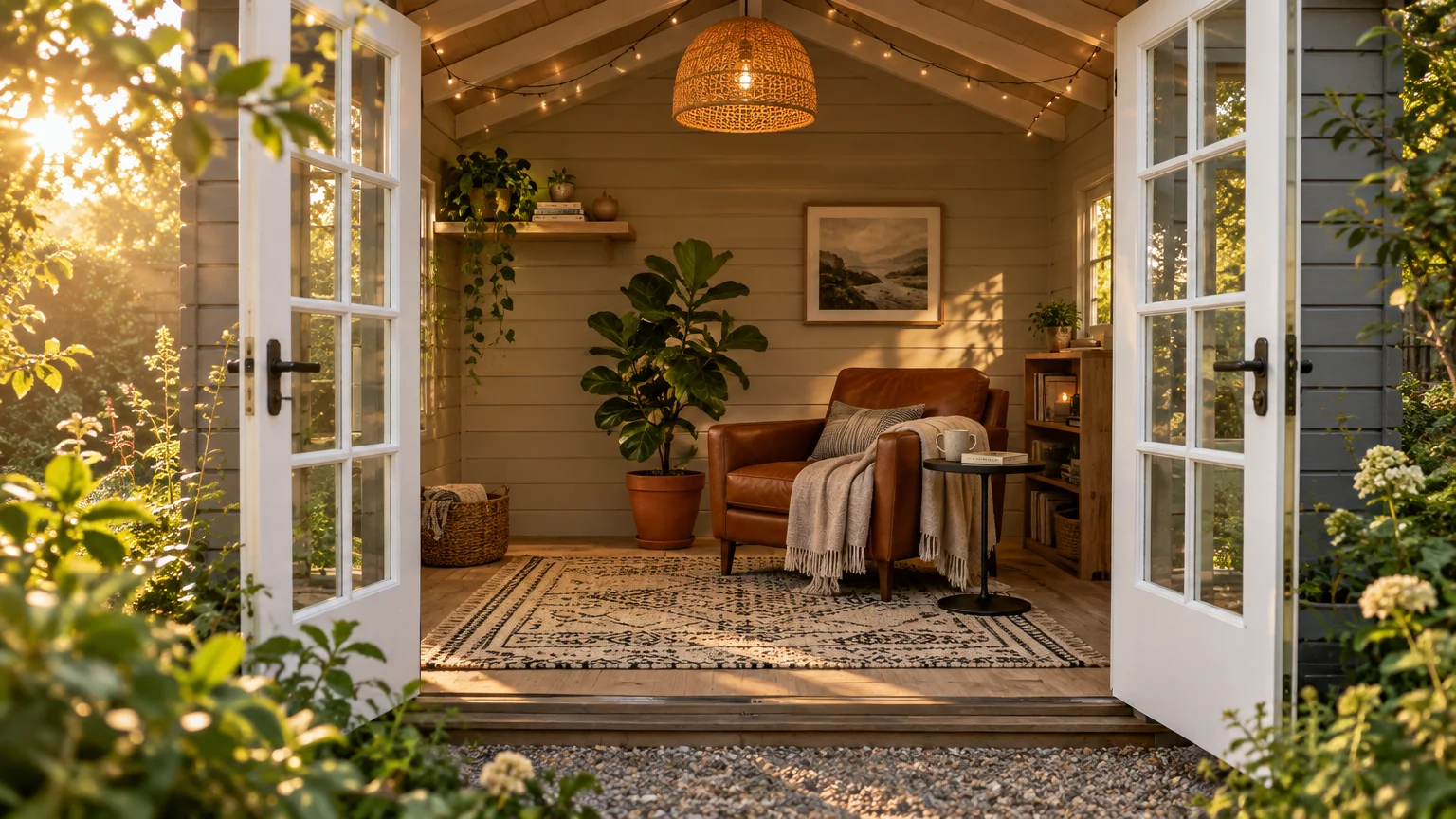 Open French doors reveal a cozy backyard shed interior with a leather armchair, potted plants, patterned rug, and warm lights.