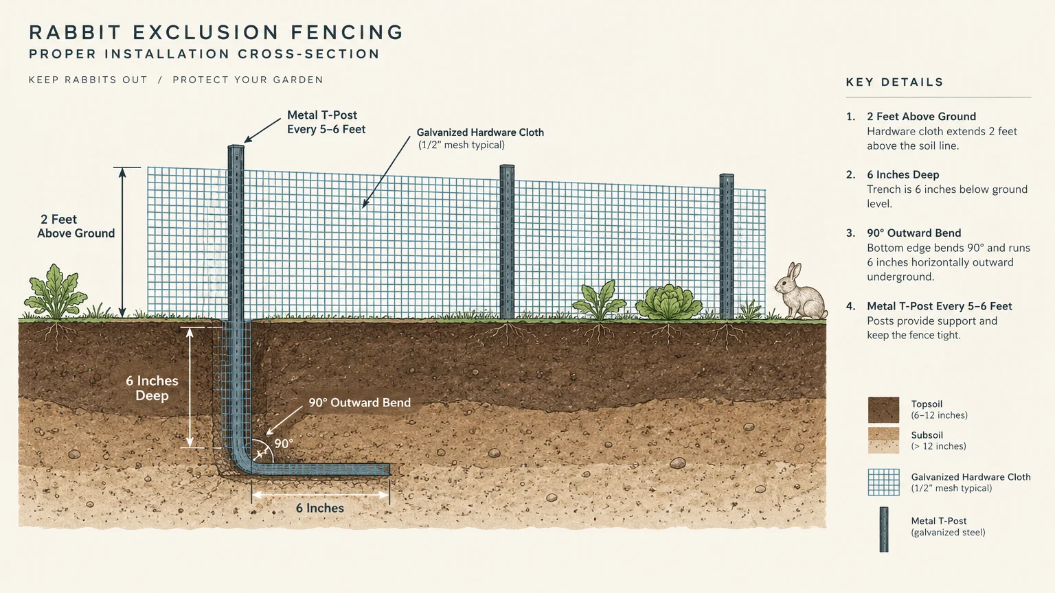 Cross-section diagram of rabbit exclusion fencing showing hardware cloth buried six inches deep with an outward bend.