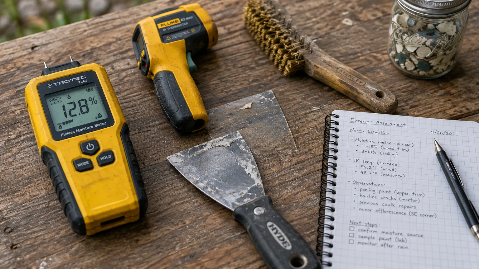 Moisture meter, infrared thermometer, putty knife, wire brush, and an exterior assessment notebook on a wooden table.