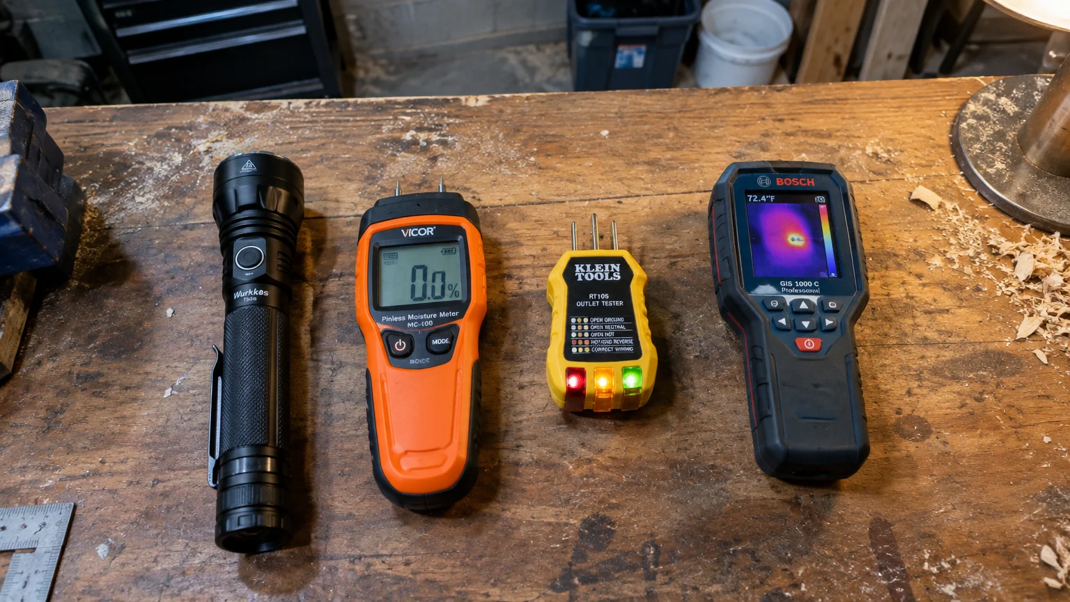 A black flashlight, orange moisture meter, yellow outlet tester, and thermal camera arranged on a wooden workbench.