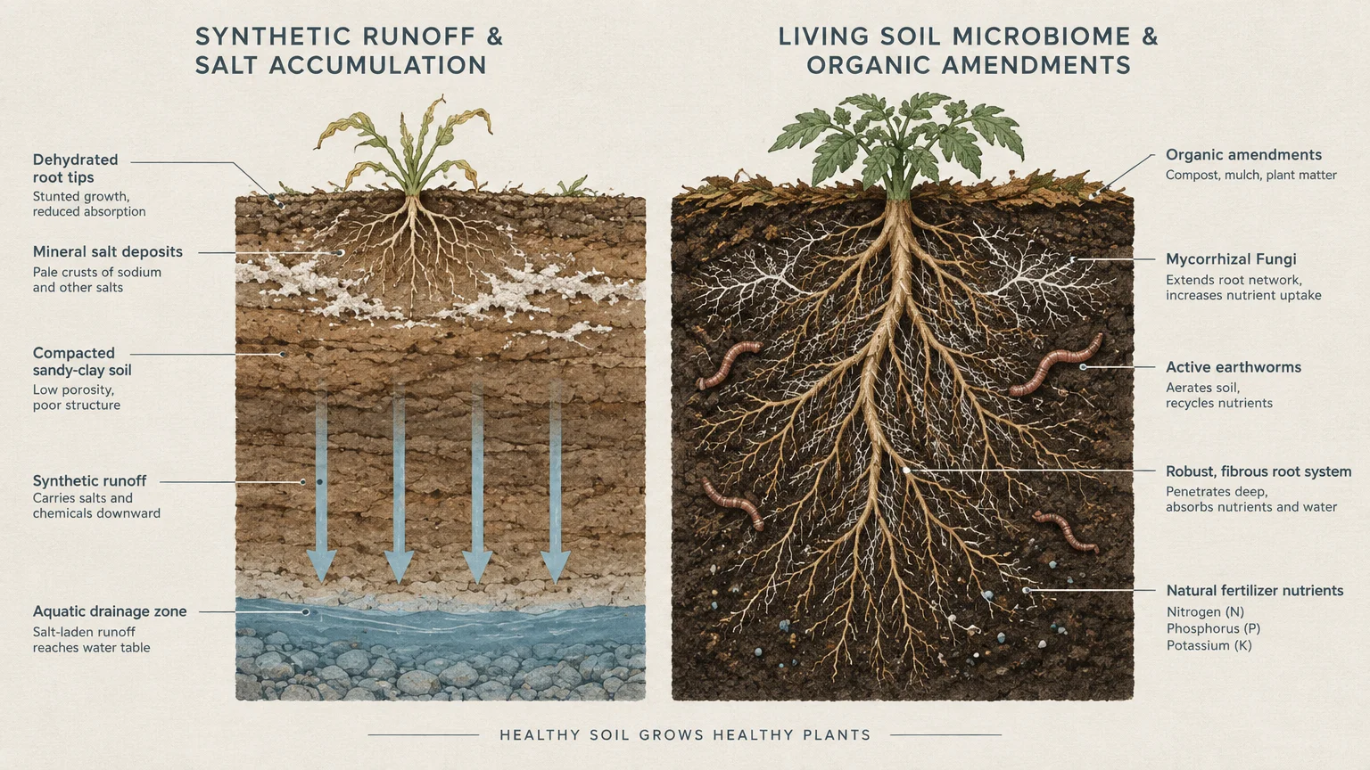 Diagram comparing synthetic fertilizer runoff and salt buildup to healthy soil enriched with organic amendments and earthworms.