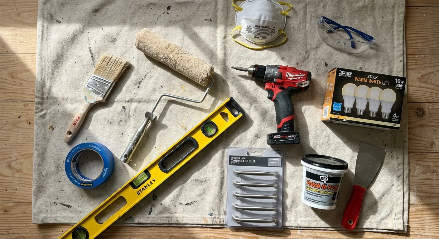Flat lay of DIY tools including a cordless drill, paint roller, paintbrush, level, painter's tape, and LED lightbulbs.
