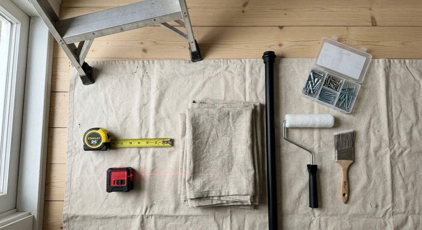 Flat lay of DIY supplies on a drop cloth, including a tape measure, laser level, folded curtains, curtain rod, and hardware.