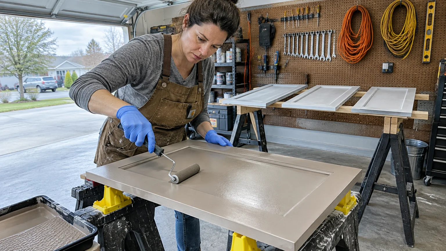 A woman wearing gloves and an apron uses a small paint roller to apply taupe paint to a cabinet door in a garage.